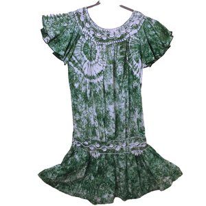 Boho Casual Tie-Dye House Dress -M Ruffle Flutter Sleeve Embroidery Green White